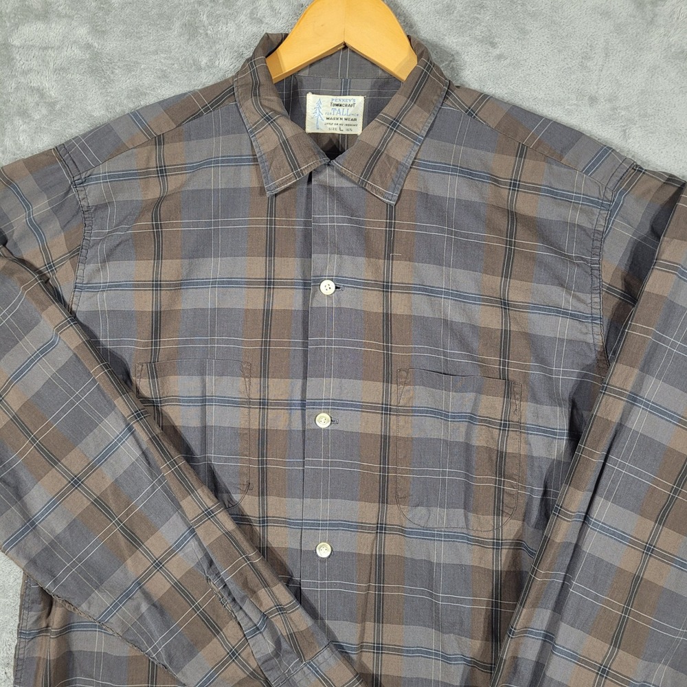 Vintage Penney's Towncraft Button Shirt Men L 16.5 Tall Wash N Wear Brown Plaid